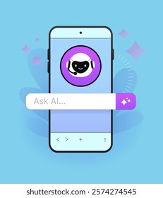 Ask Ai mobile app vector illustration. Robot with a microphone icon and large input for questions and prompts. Business clip art. Flat cartoon style. 