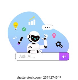 Ask AI vector business illustration. Robot character with prompt input and button generate. Icont that represent user's needs: generate ideas, analyze data, point to locations on a map, create lists.