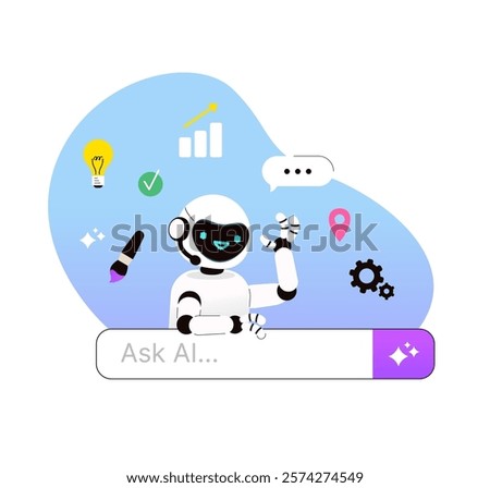 Ask AI vector business illustration. Robot character with prompt input and button generate. Icont that represent user's needs: generate ideas, analyze data, point to locations on a map, create lists.