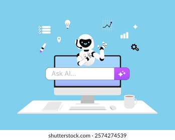 Ask Ai vector illustration. Computer on the desktop. Friendly artificial intelligence robot ready to help.