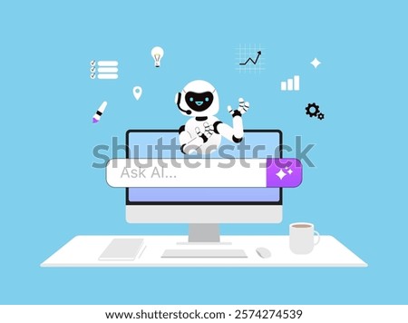 Ask Ai vector illustration. Computer on the desktop. Friendly artificial intelligence robot ready to help.