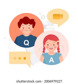 Ask and answer questions concept, online communication, getting help information for school or education al business. Boy and girl character witk QA icon. Flat vector illustration.