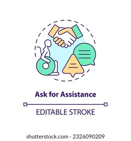 Ask for assistance concept icon. Disability service. Priority boarding. Accessible city. Transportation security abstract idea thin line illustration. Isolated outline drawing. Editable stroke