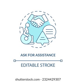 Ask for assistance turquoise concept icon. Disability service. Priority boarding. Transportation security abstract idea thin line illustration. Isolated outline drawing. Editable stroke