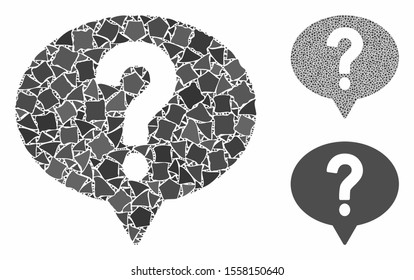 Ask composition of uneven elements in variable sizes and shades, based on ask icon. Vector bumpy elements are composed into collage. Ask icons collage with dotted pattern.