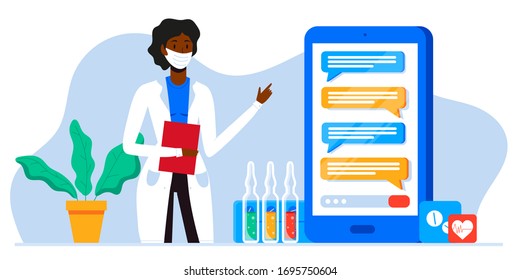 Ask doctor. Coronavirus. Online medical emergency consultation service, tele medicine. Doctor with face mask chatting with patient in app messenger on mobile phone. Pharmacy order from drugstore. 