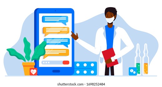 Ask doctor. Coronavirus. Online medical emergency consultation service, tele medicine. Doctor with face mask chatting with patient in app messenger on mobile phone. Pharmacy order from drugstore. 