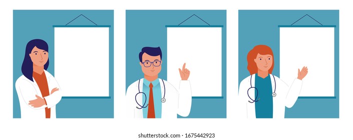 Ask the doctor. Doctors man and women, medical professional are standing infront an empty board. Simply add the text. Vecor illustration