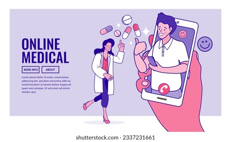 Ask doctor. Online medical advise or consultation service, tele medicine. smartphone screen with female therapist on chat in messenger and an online consultation. Vector flat illustration.