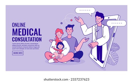 Ask doctor. Online medical advise or consultation service, tele medicine. smartphone screen with female therapist on chat in messenger and an online consultation. Vector flat outline illustration.