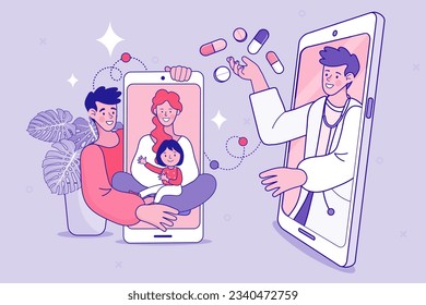 Ask doctor. Online medical advise or consultation service, tele medicine. smartphone screen with female therapist on chat in messenger and an online consultation. Vector flat outline illustration.