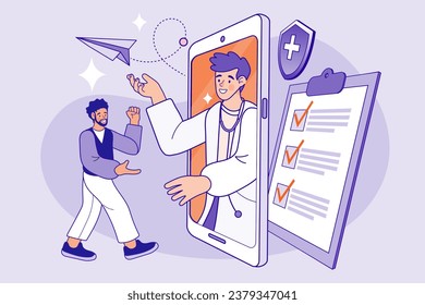 Ask doctor. Online medical advise or consultation service, tele medicine. smartphone screen with female therapist on chat in messenger and an online consultation. Vector flat illustration.