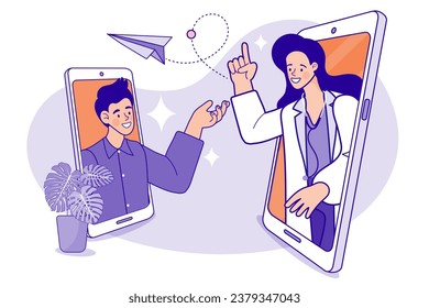 Ask doctor. Online medical advise or consultation service, tele medicine. smartphone screen with female therapist on chat in messenger and an online consultation. Vector flat illustration.