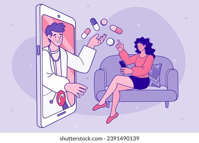 Ask doctor. Online medical advise or consultation service, tele medicine. smartphone screen with female therapist on chat in messenger and an online consultation. Vector flat illustration.