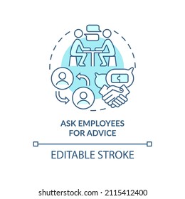 Ask Employees For Advice Turquoise Concept Icon. Collaborative Work Environment Abstract Idea Thin Line Illustration. Isolated Outline Drawing. Editable Stroke. Arial, Myriad Pro-Bold Fonts Used