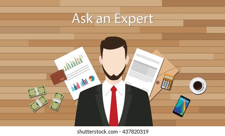 Pregunte a un texto experto con un hombre de negocios Look Professional con algunas herramientas de objetos de negocios Ilustración gráfica de Vector