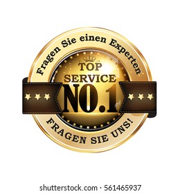 Ask an expert. Ask Us. Top Service (German language: Fragen Sie einen Experten. Fragen Sie uns! ) - elegant German ribbon / label for business area. 