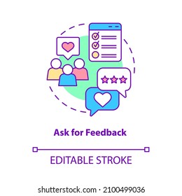 Pedir un icono de concepto de comentarios. Los clientes opinan. Ilustración de línea delgada de idea abstracta de servicio al cliente. Dibujo de contorno aislado. Trazo editable. Fuentes Roboto-Medium, Myriad Pro-Bold utilizadas