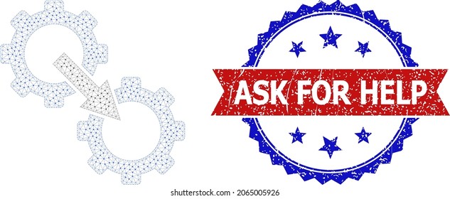 Ask for Help dirty stamp seal, and gears integration icon mesh model. Red and blue bicolored stamp seal includes Ask for Help text inside ribbon and rosette. Abstract flat mesh gears integration,