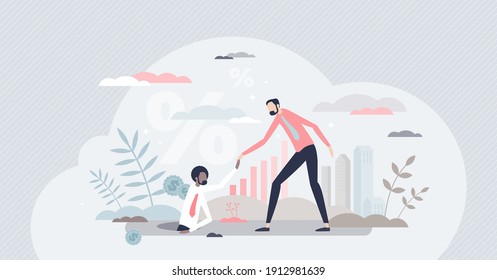 Ask help or financial support in business bankruptcy crisis tiny persons concept. Company investment or money loan to overcome profit problems vector illustration. Helpful payment from insurance.