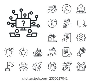 Ask help sign. Salaryman, gender equality and alert bell outline icons. Teamwork question line icon. Outsource support symbol. Teamwork question line sign. Spy or profile placeholder icon. Vector