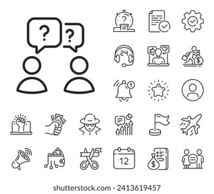 Ask help sign. Salaryman, gender equality and alert bell outline icons. Teamwork questions line icon. Support problem symbol. Teamwork questions line sign. Spy or profile placeholder icon. Vector