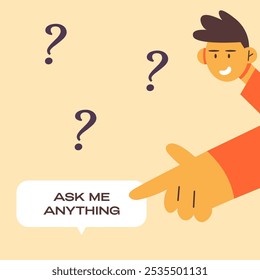 Ask me anything. User interface window and Boy pointing on him. Flat vector illustration in cartoon style.