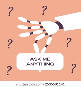 Ask me anything. User interface window with ai robot arm. Flat vector illustration in cartoon style.