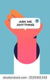 Ask me anything. User interface window with human hand. Flat vector illustration in cartoon style.