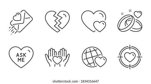 Ask Me, Marriage Rings And Love Letter Line Icons Set. Hearts, Break Up And Valentine Target Signs. Hold Heart, Friends World Symbols. Love Sweetheart, Engagement, Heart. Love Set. Vector