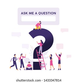 ask me question concept vector illustration, small character people with big question marks and bubble words