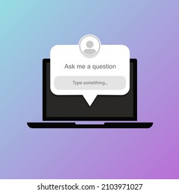 Ask me a question vector banner. Laptop user interface window.