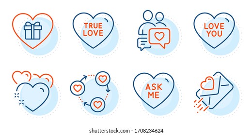 Ask me, Romantic gift and Heart signs. Love you, Dating chat and Love letter line icons set. Friends community symbol. Sweetheart, Heart. Love set. Outline icons set. Ð¡ircle with dashed line. Vector