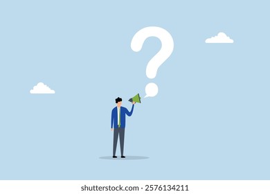 Ask question for answer, entrepreneur using megaphone inquiring with speech bubble featuring large question mark. 