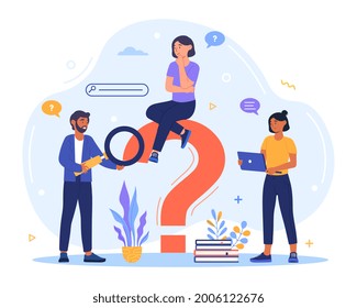 Ask question concept. The characters are looking for a solution to their problem on the Internet. A big question mark. Cartoon modern flat vector illustration isolated on a white background