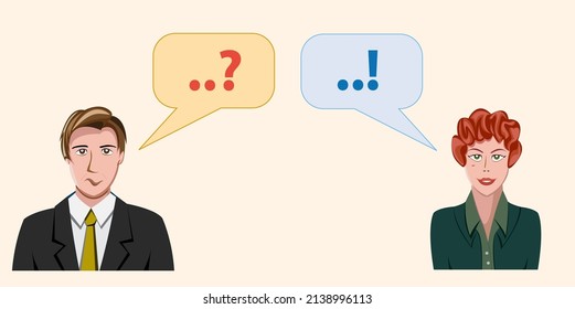 Ask a question and get an answer, solve a problem. Two person in cartoon with question marks and exclamation marks. Concept of doubt and certainty. Vector illustration