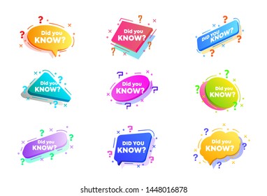 Ask question label. Banner or sicker with Interesting fact. Helpful template for quiz. Educational coloreful set. Vector illustration