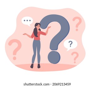Ask question. Woman stands next to large question mark, thinks and looks for solution to problem. Confused female character finds answers. Frequently Asked Questions. Cartoon flat vector illustration