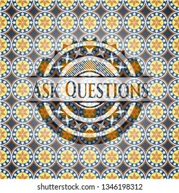 Ask Questions arabic badge background. Arabesque decoration.