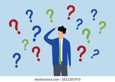 Ask questions, contemplation businessman thinking with question marks.