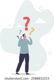 Ask questions, FAQ, problem or curiosity, doubt and confusion to be answer, challenge and uncertainty, unknown information or solution concept,flat character life .