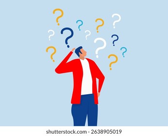  Ask questions, FAQ, problem or curiosity, businessman looking at question mark  problem or curiosity, doubt and confusion to be answer, challenge and uncertainty vector,illustration