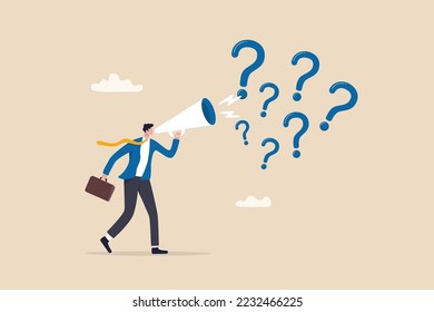 Ask questions to get answer for solving problem, ask for solution or curiosity, request explanation to solve issue or trouble concept, businessman ask questions on megaphone with lot of question mark.