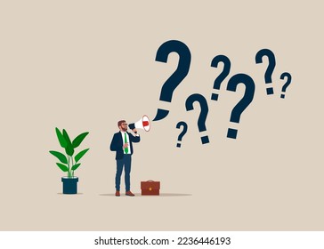 Ask questions to get answer for solving problem, request explanation to solve issue. Flat modern vector illustration. 