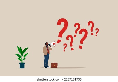 Ask questions to get answer for solving problem, request explanation to solve issue. Flat modern vector illustration. 