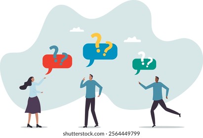 Ask questions for help or solution, confusion, doubt or query for answer and information, business discussion to solve problem.business concept.flat character.