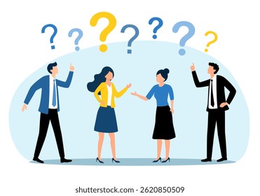 Ask questions, people around question marks, business discussion to solve problem concept.  Business people employee ask questions with question mark signs.