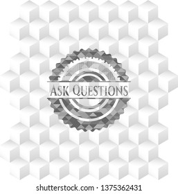 Ask Questions retro style grey emblem with geometric cube white background