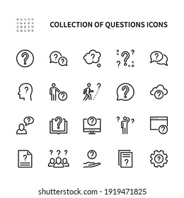 Ask questions vector linear icons set. Contains icons such as doubt, insecure person, question mark, and more. Collection of questions for websites and mobile. Vector symbols set.