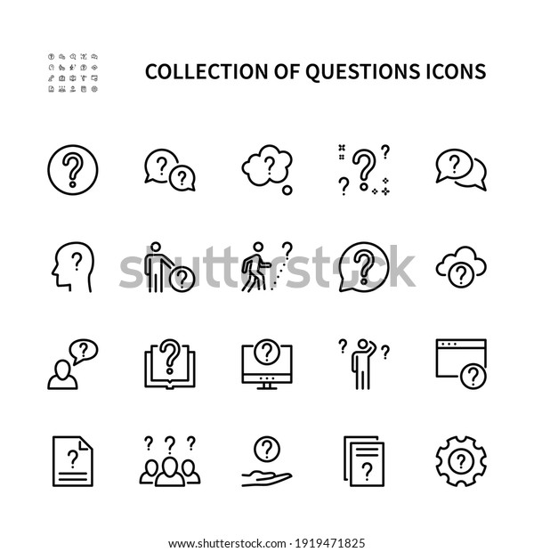 Ask\
questions vector linear icons set. Contains icons such as doubt,\
insecure person, question mark, and more. Collection of questions\
for websites and mobile. Vector symbols\
set.